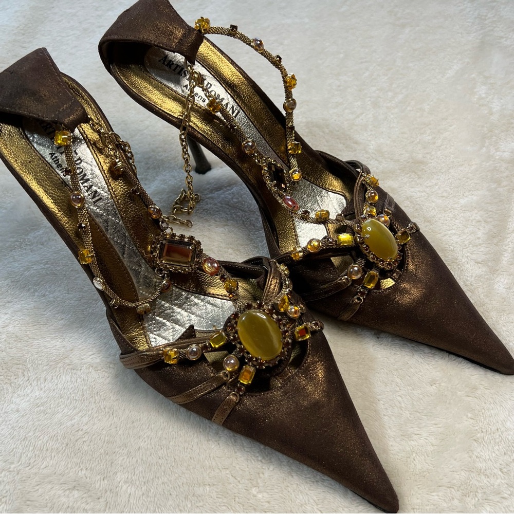 Vintage Artisti Romani Athens T strap Genuine Leather Pointed Toe Heels 36 6.5-7 - Picture 12 of 15